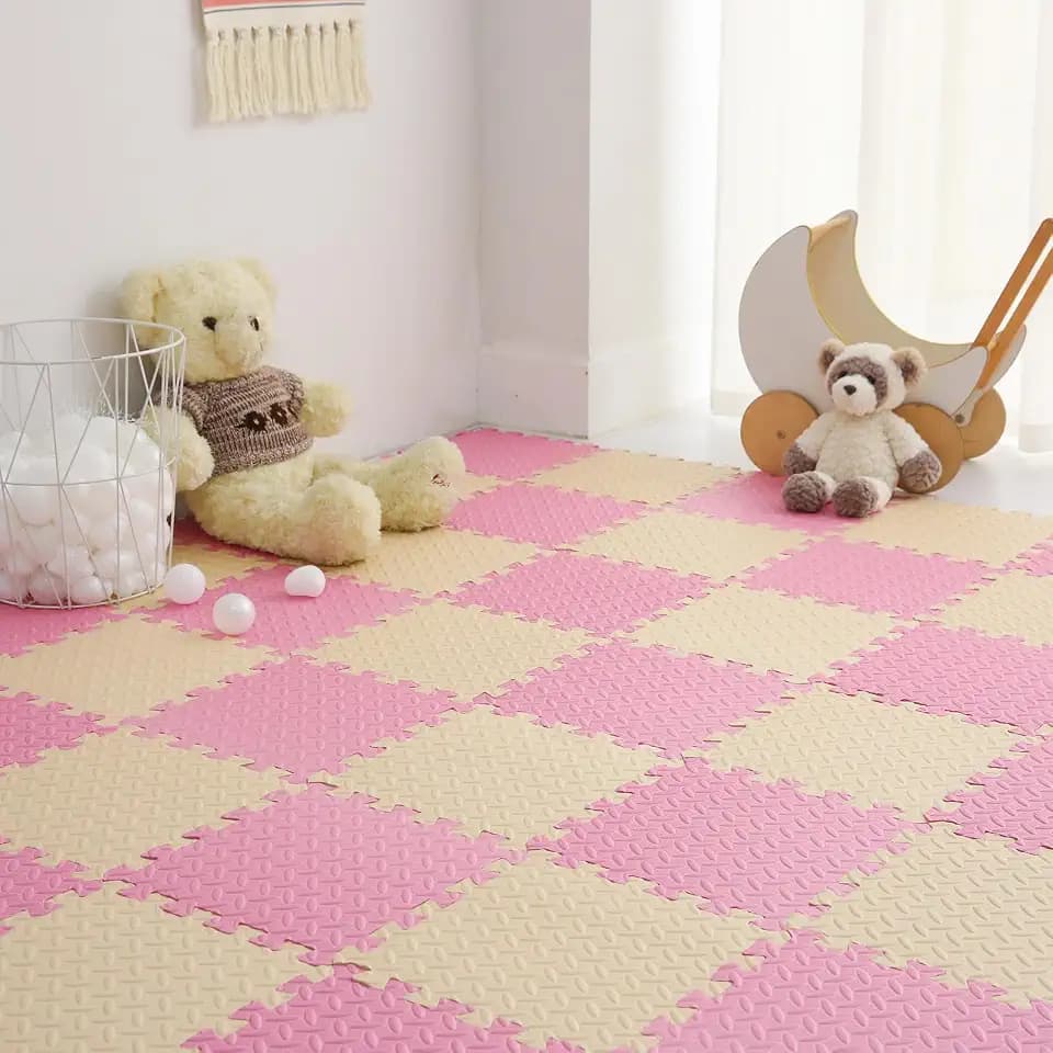 16 Tiles, 0.4 Inch Thicked Interlocking Floor Mats with Solid Colors, Squares Baby Play Mat, EVA Foam Puzzle Floor Mat Foam Mats for Kids, Baby, Toddlers (Beige/Pink)