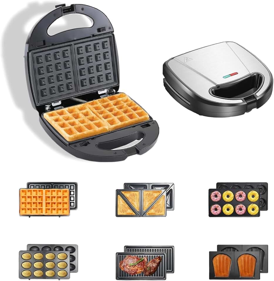 OKYUK Sandwichmaker mit 6 wechselbaren Platten, 750W Sandwichtoaster Waffeleisen mit Antihaftbeschichtung für Frühstück, Panini und Grillen