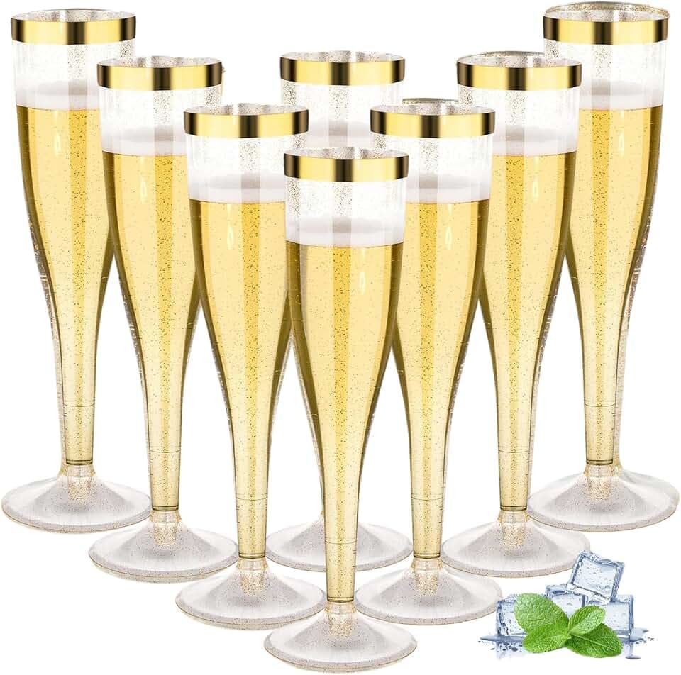 50 Stück Sektgläser Plastik, 150ml Champagner Gläser mit Goldrand und Goldglitter aus Kunststoff, Sektglas Plastik Mehrweg für Mimosa Bar Hochzeit Party Picknick im Freien