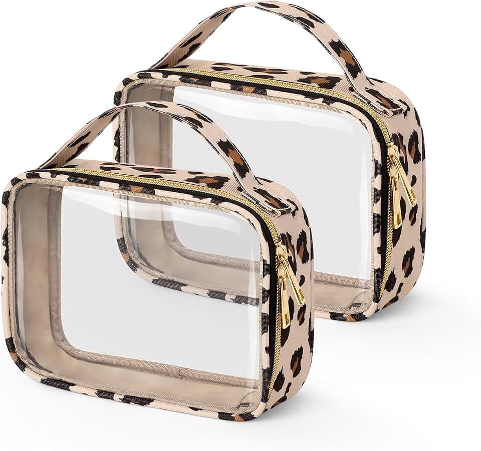 Wedama TSA Approved Toiletry Bag, 2 Pack Clear Makeup Bags with Handles, Quart Size PVC Clear Cosmetic Bags for Women and Men, Carry on Airport Airline Compliant Bag, Leopard Print