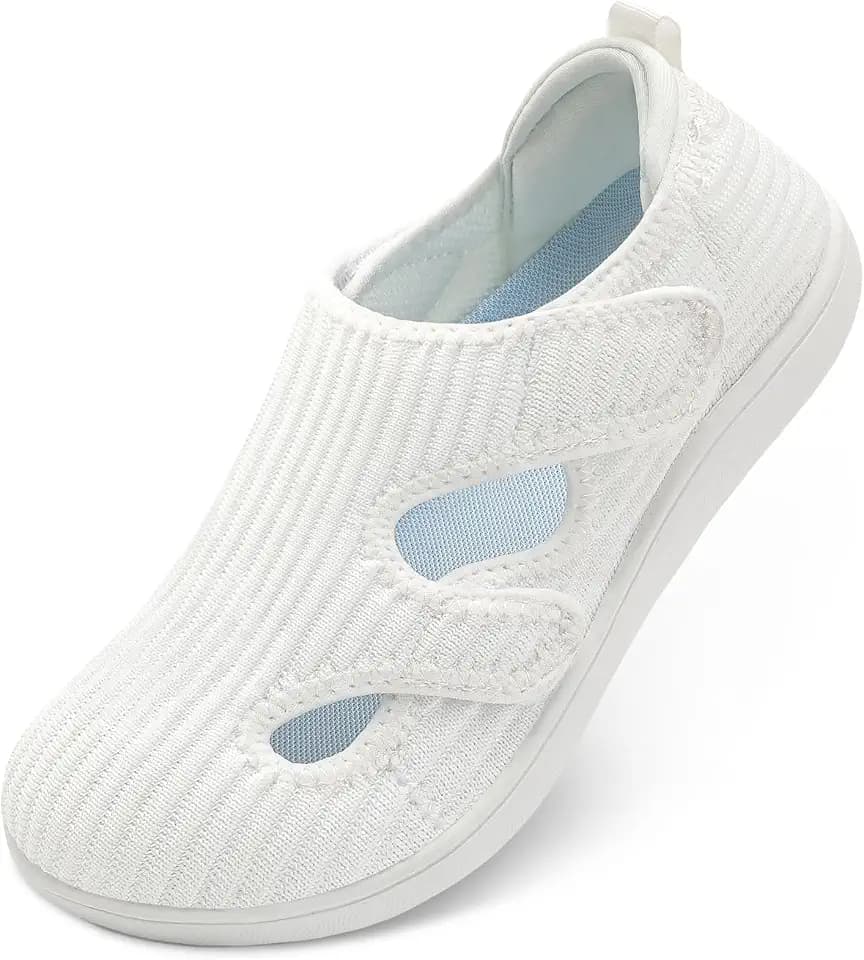 LeIsfIt Womens Diabetic Shoes Extra Wide Barefoot Walking Shoes for Swollen Arthritis Edema Feet Fully Adjustable Zero Drop Sneakers White Size 6.5