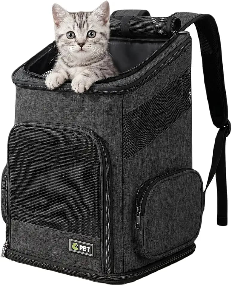 Katzenrucksack, Faltbarer Haustier-Tragerucksack für Katzen und kleine Hunde, Hunderucksack mit belüftetem Design Innensicherheitsgurt, Welpentragetasche für Wandern, Reisen, Outdoor (Schwarz, XL)
