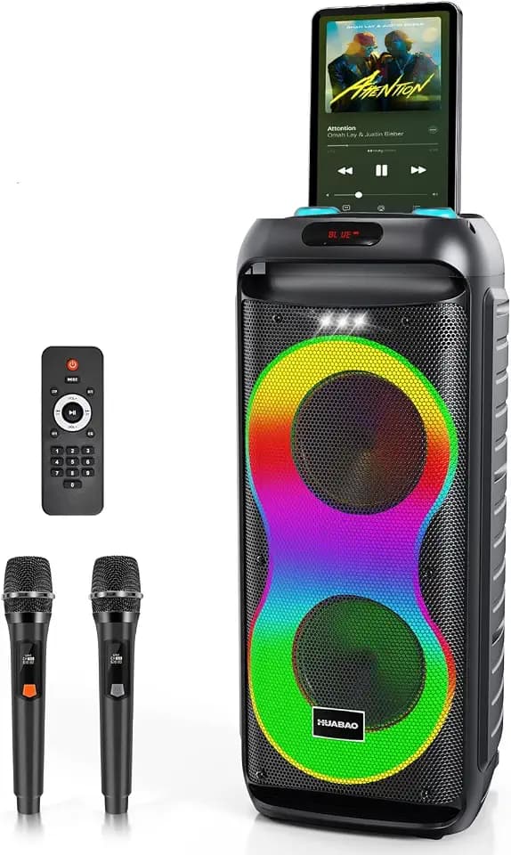 Bluetooth Karaoke Speaker with 2 Wireless Microphones – 40W Portable PA System with LED Lights, TWS Pairing, 6.5” Dual Woofers, Rolling Wheels, Rechargeable Battery - for Party/Home/Outdoor