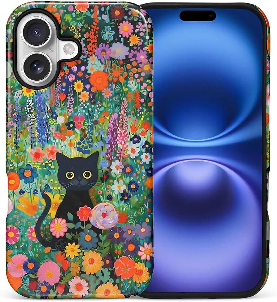 for iPhone 17 Case,Hybrid 2 Layer Hard Shell Silicone Protective Case - Cute Cat Flowers - Scratch Resistant Shockproof Cover