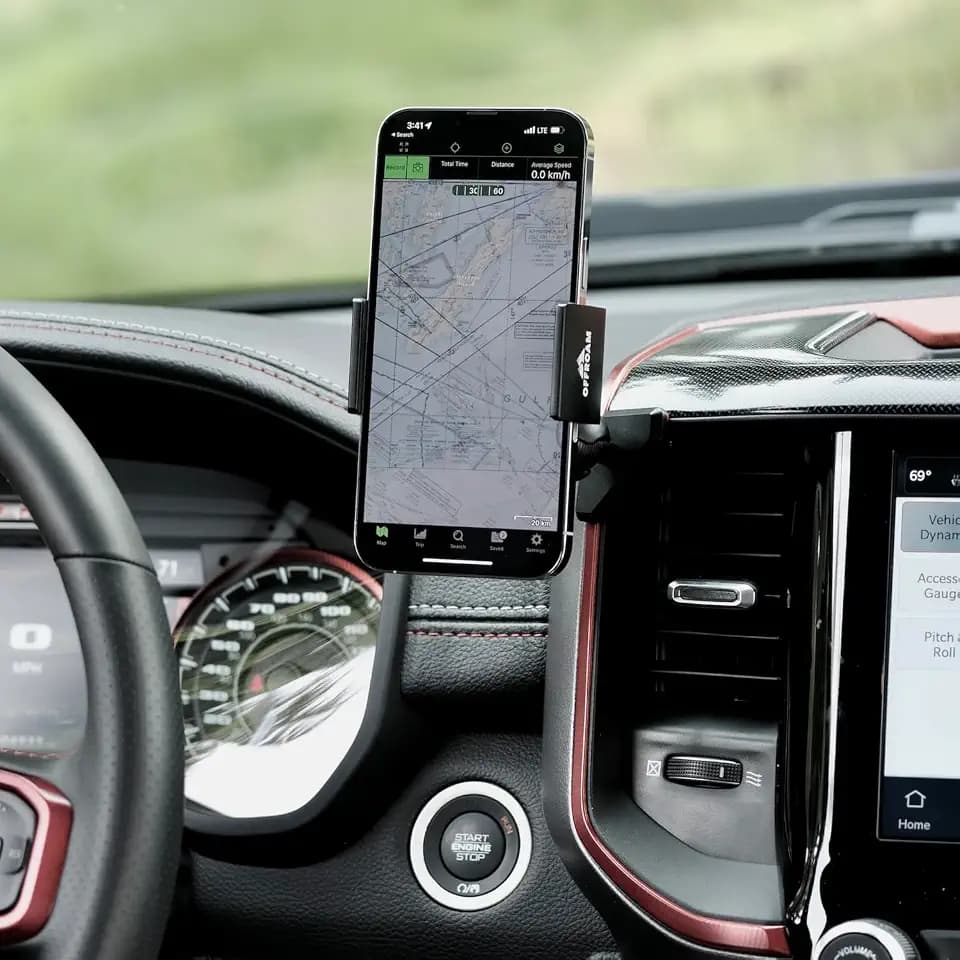 Offroam Phone Mount Made for Ram 1500/2500/3500 2019-2026, CNC-Machined Aluminium, Universal Spring Loaded Holder, 360-Degree Swivel, One-Hand Operation