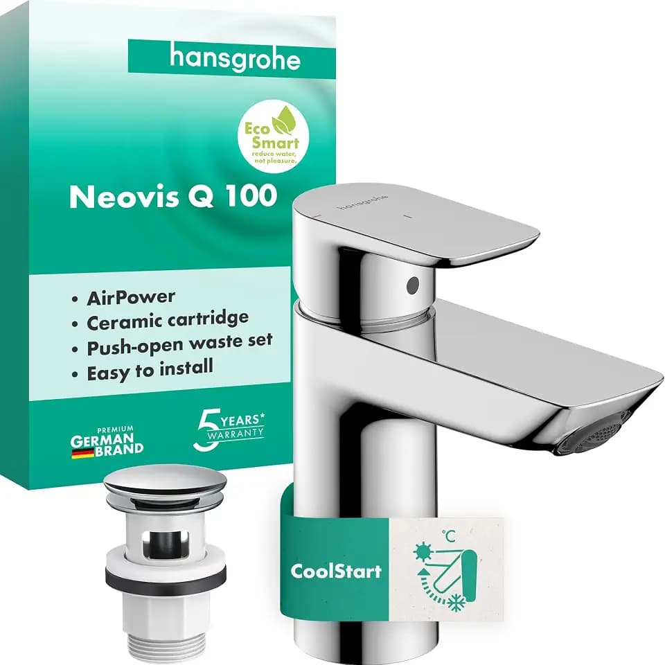 hansgrohe Neovis Q - Waschtischarmatur mit Push-Open Ablauf, energiesparend (CoolStart), Wasserhahn Bad mit Auslauf Höhe 96 mm, Mischbatterie Waschbecken wassersparend (EcoSmart), Chrom, 71352000