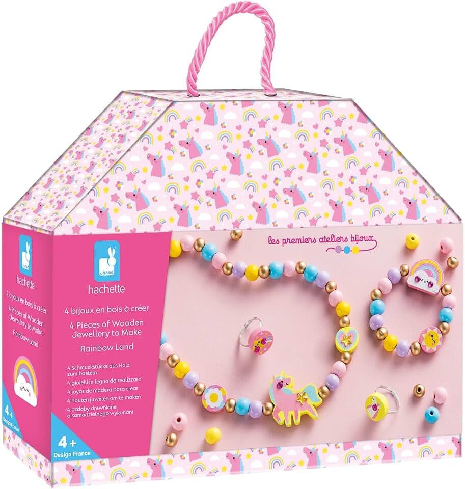 Janod - 4 Holzschmuckstücke zum Selbermachen Regenbogenland - Die Ersten Schmuckwerkstätten - DIY-Schmuckherstellung - Kinderbastelset - Feinmotorik und Konzentration lernen - Ab 4 Jahren - J09129