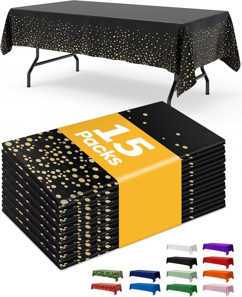 Niuara Black and Gold Plastic Table Cloth Rectangle Table 15 Pack, 54''×108'' Tablecloth for Graduation Decorations Class of 2025, Table Cloth for Disposable Use, Table Cover for Holiday Party