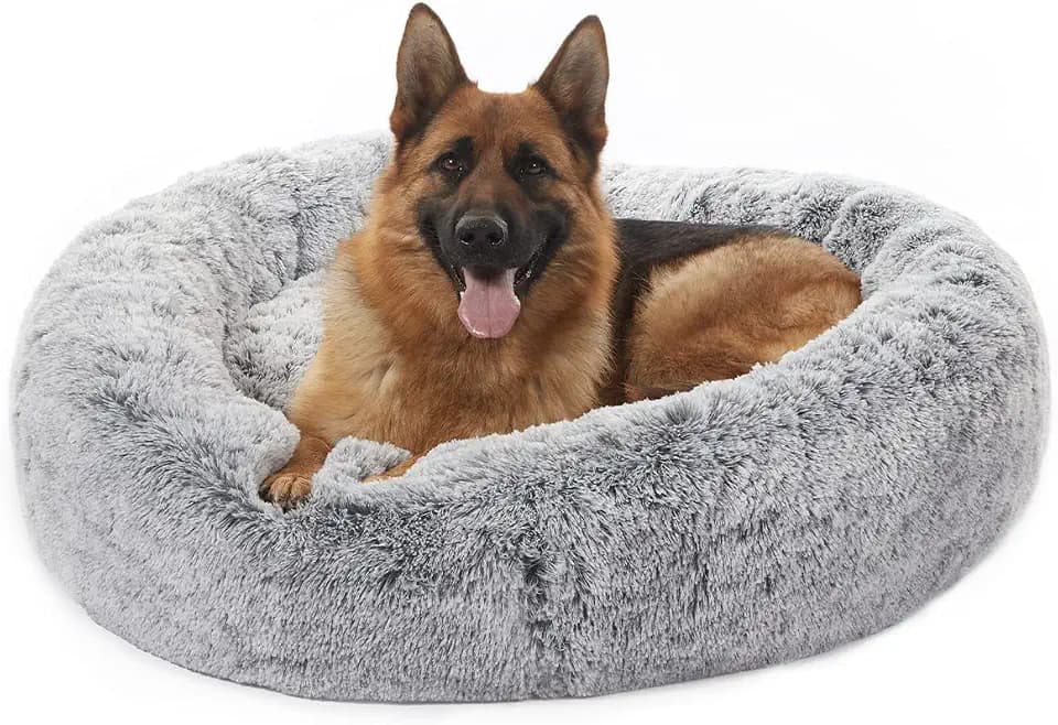 Bedfolks Calming Fluffy Donut Dog Bed for X-Large Dogs,Dark Grey,45" Round