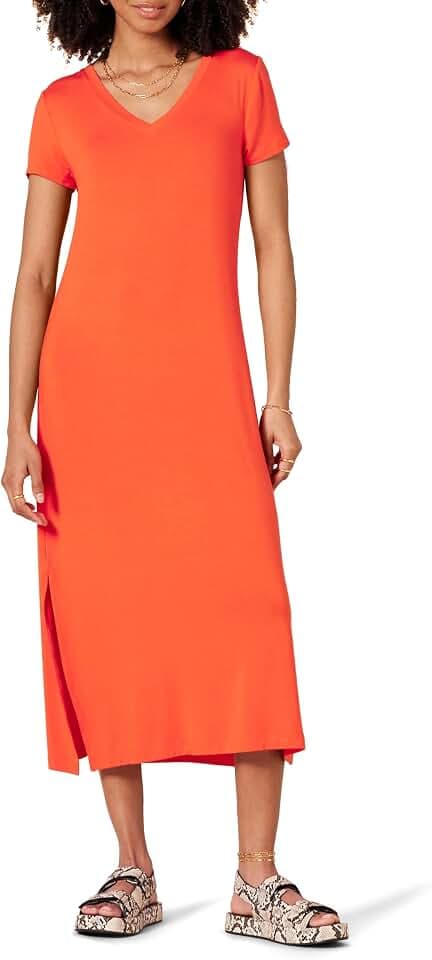 Amazon Essentials Damen Kurzärmliges, mittellanges Jersey-Kleid mit V-Ausschnitt
