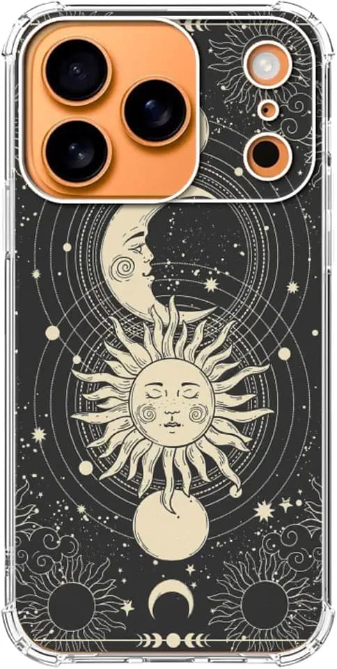 Black Celestial Sun and Moon Case for iPhone 17 Pro Max, Trippy Sun and Moon Phone Cover, Soft Trendy TPU Bumper Cover Case