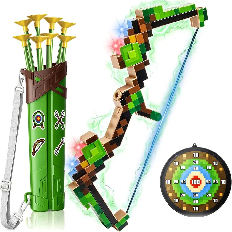 Toys for Boys Age 3-4 4-6 6-8 8-12,Kids Bow and Arrow Set with LED Light Target Arrows Indoor Outdoor Archery Toys Pixel Theme Party Favors Birthday Gifts for Boys 3-12 Year Old