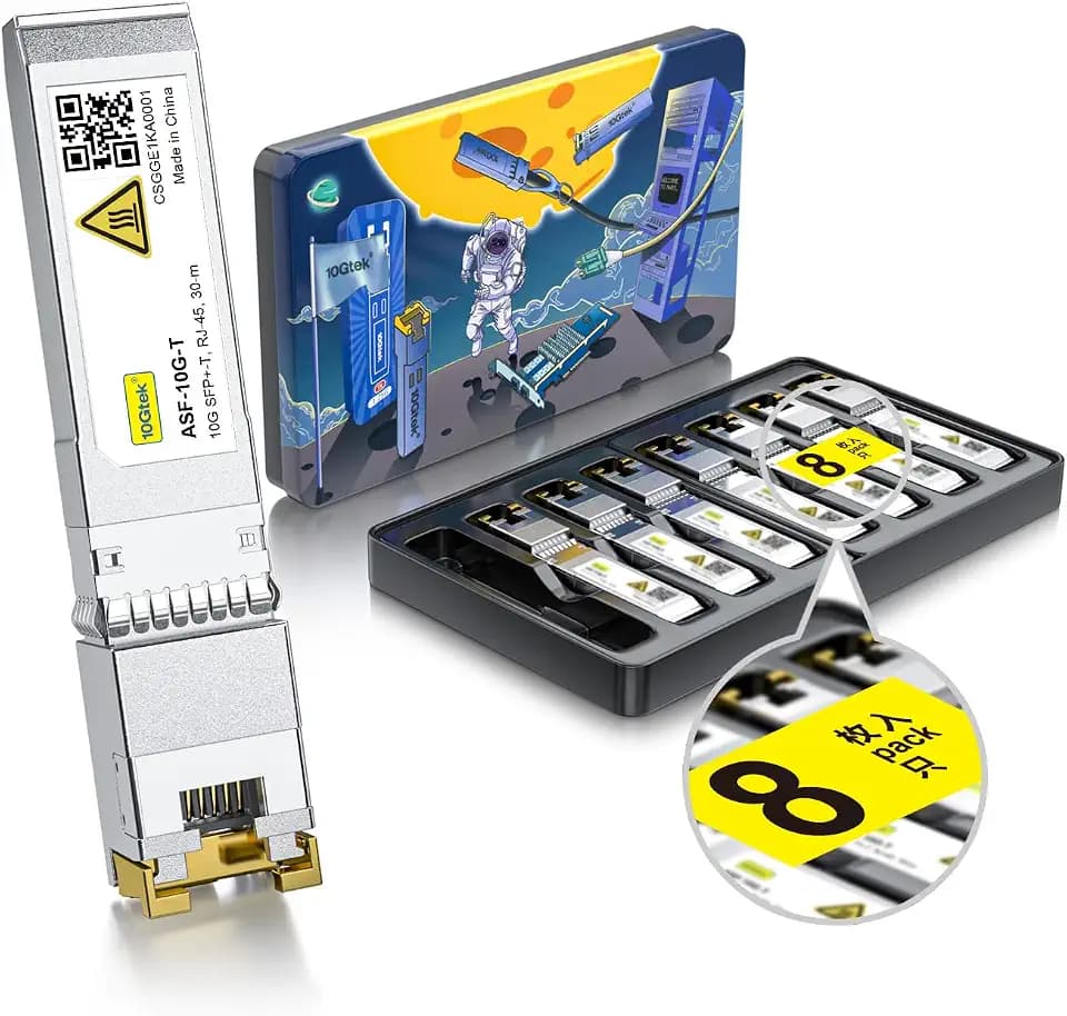 10Gtek 𝟭𝟬𝗚𝗕𝗮𝘀𝗲-𝗧 𝗦𝗙𝗣+ 𝘁𝗼 𝗥𝗝-𝟰𝟱 𝗧𝗿𝗮𝗻𝘀𝗰𝗲𝗶𝘃𝗲𝗿, 10Gbe SFP+ Copper Ethernet CAT6a Module, up to 30m, for Cisco SFP-10G-T-S, Fortinet, TP-Link and More, Pack of 8