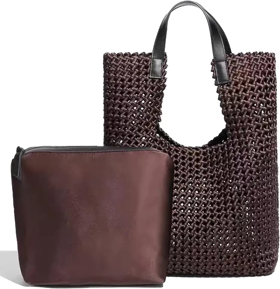 JINMANXUE Leather Satin Woven Tote Bag for Women Hollow Out Handbag 2 Pcs Set Female Shoulder Bag Shopper Bag Fashion Clutch