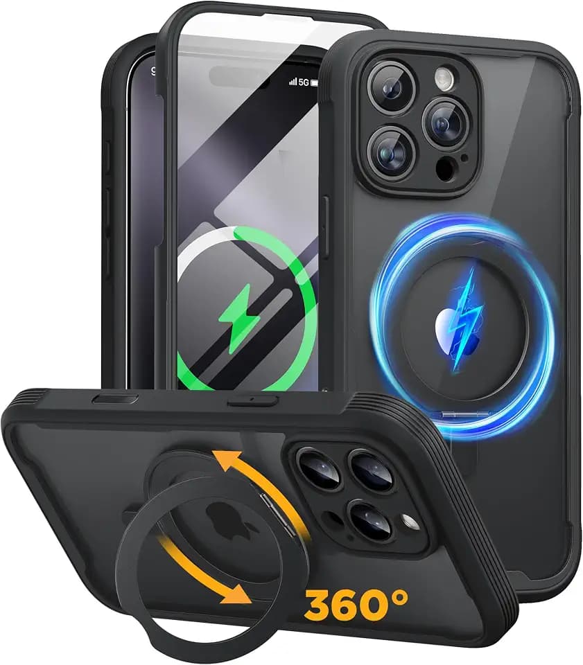Miracase for iPhone 16 Pro Max Case with 360° Magnetic Ring Stand [Compatible with Magsafe] Full-Body Drop Proof Bumper Phone Case with Built-in 9H Tempered Glass Screen Protector,Black