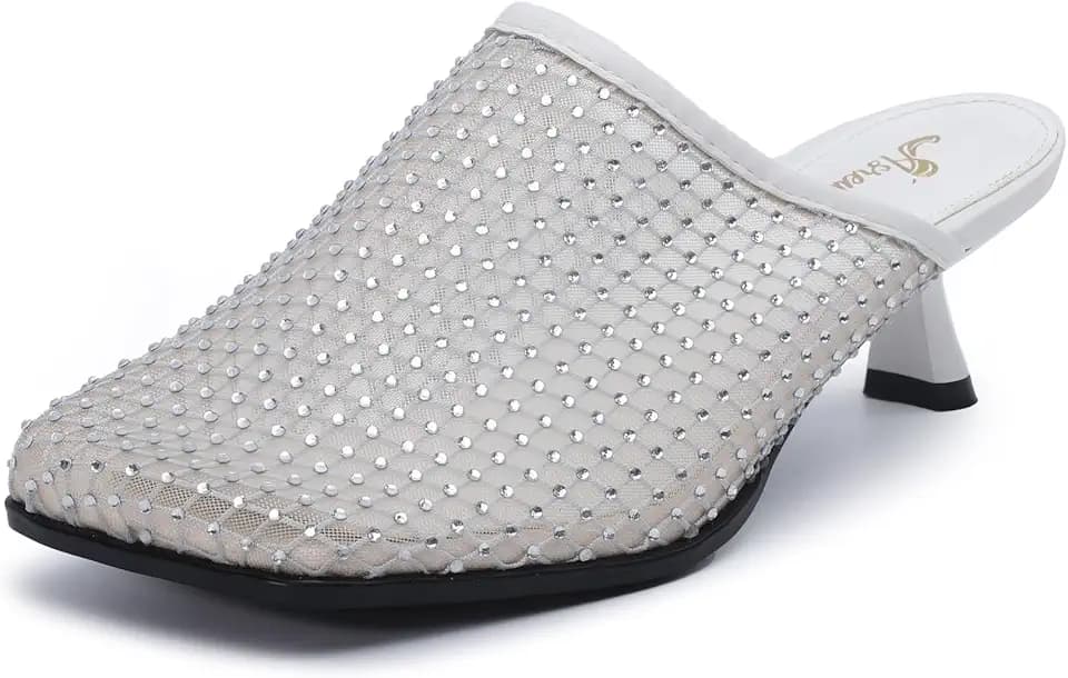 Tsrenlmln Women's Rhinestone Mesh Mules Slip On Shoes - Square Toe Kitten Heel Dress Shoes for Women, Commuting Shoes Evening Party