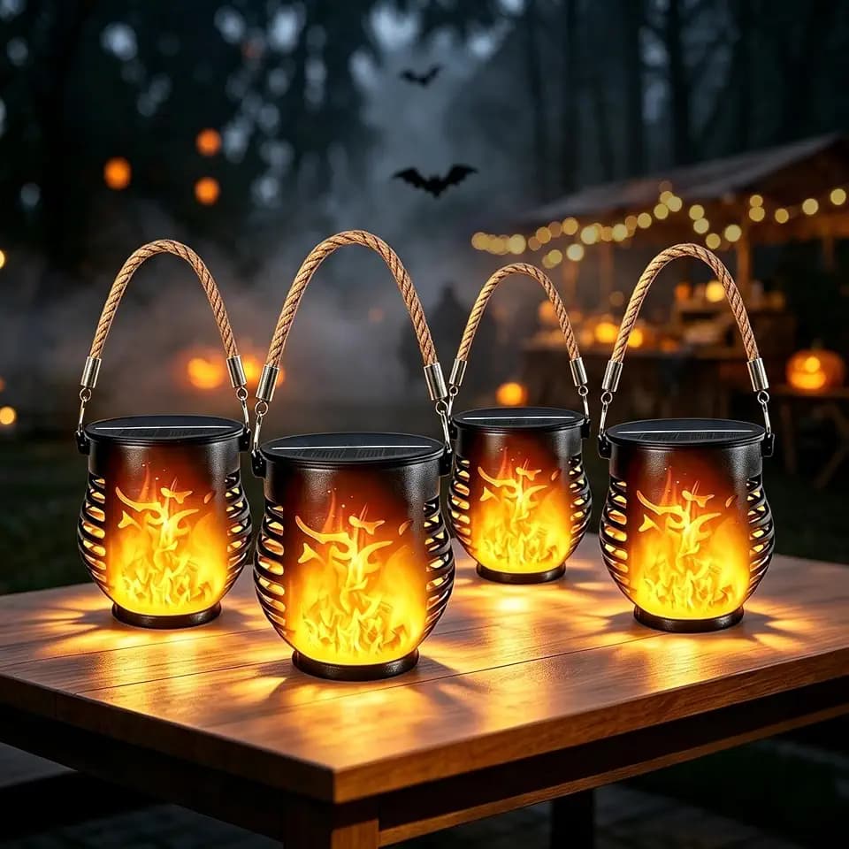 4 Pack Solar Lanterns Outdoor Waterproof Flickering Flame Halloween Lights