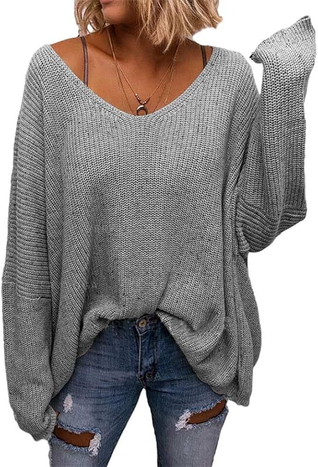 BZB Women's V Neck Long Sleeve Knit Loose Oversized Pullover Sweater Top