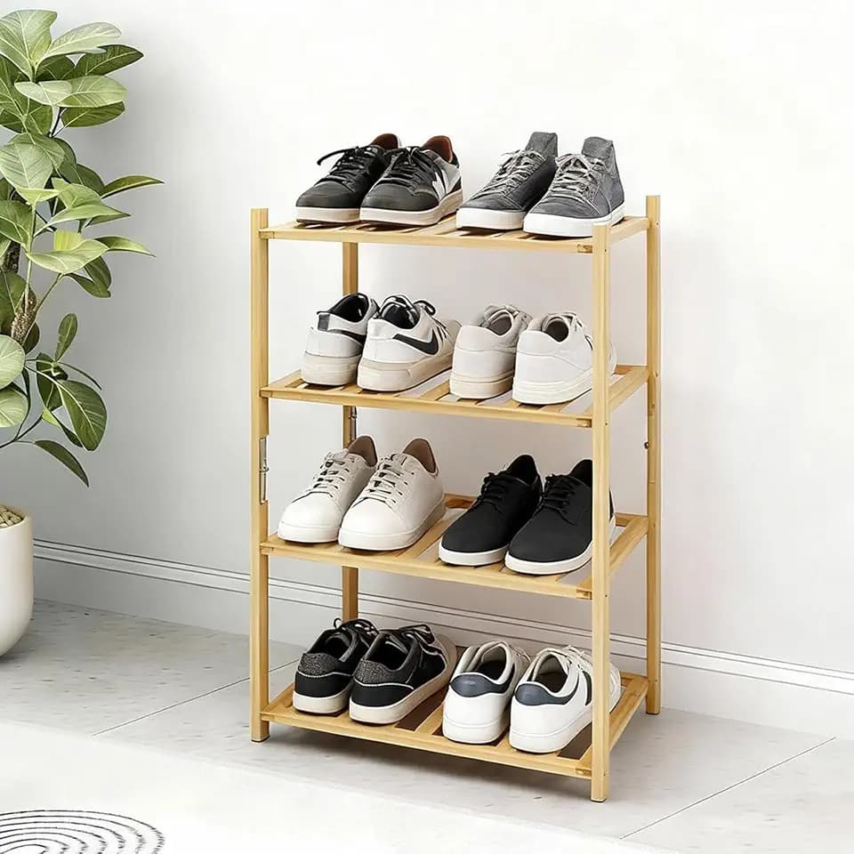Small Shoe Rack, Multipurpose 4 Tier Shoe Organizers Rack，Small Bamboo Shelfs for Shoes, Plants, Books, Living Room, Hallway Bedroom, Bathroom