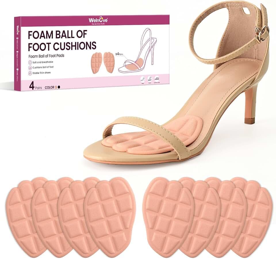 Metatarsal Pads Women Men - Welnove 4 Pairs Non Slip Grid Design Ball of Foot Cushion for Pain Relief, Blister Prevention, Comfort, Soft Forefoot Pads Inserts for High Heels, Flats Shoes (Beige)