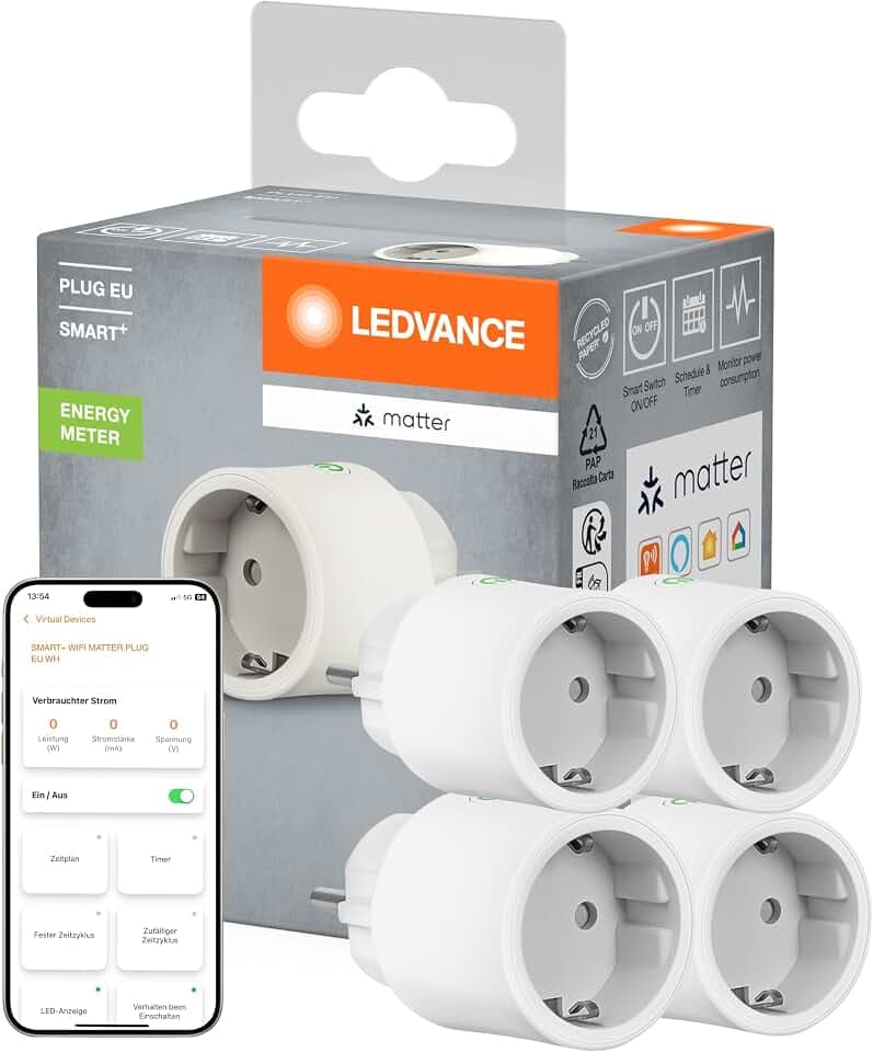 LEDVANCE SMART+ Indoor Plug, Smarte Steckdose mit Matter over WiFi, zur Einbindung konventioneller Geräte ins Smart Home, kompatibel mit Alexa, Google & Apple, misst&spart Stromverbrauch, weiss,4-Pack