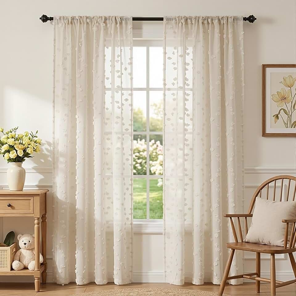 MYSKY HOME Beige Boho Sheer Curtains with Cream Pom Pom 50Wx72L,2 Panels