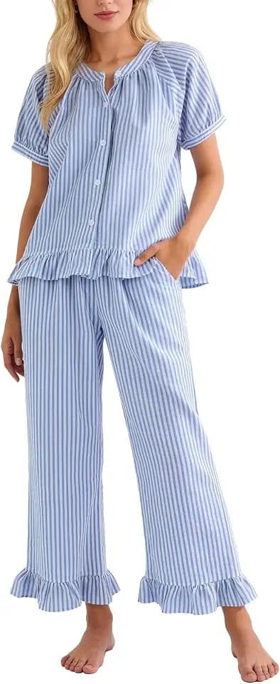 Flygo Womens Striped Pajama Sets Cotton 2 Piece Ruffle Lounge Pjs
