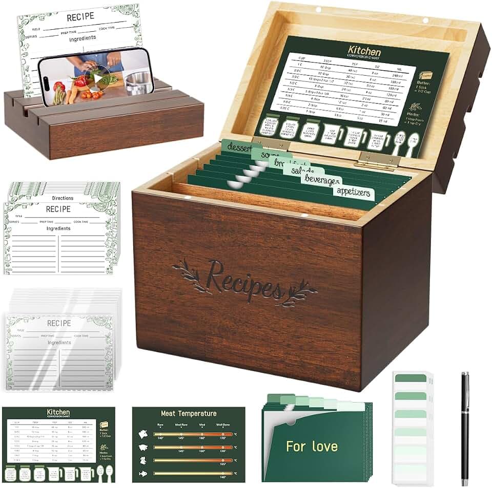 Vintage Wooden Recipe Box Set, 100 Recipe Cards, L-Shaped Dividers