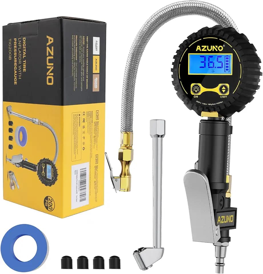 Digital Tire Inflator with Pressure Gauge, 200 PSI, Stainless Braided Hose