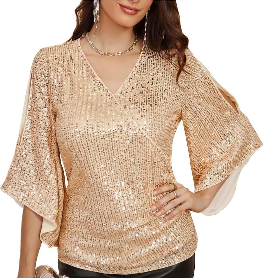 GRACE KARIN Damen Pailletten Bluse Festliche 3/4 Ärmel Elegante Oberteil