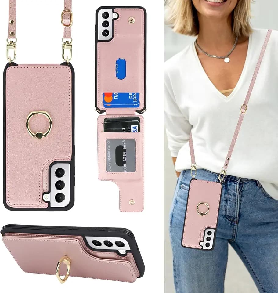 Lipvina for Samsung Galaxy S21 Case with Strap,Rose Gold