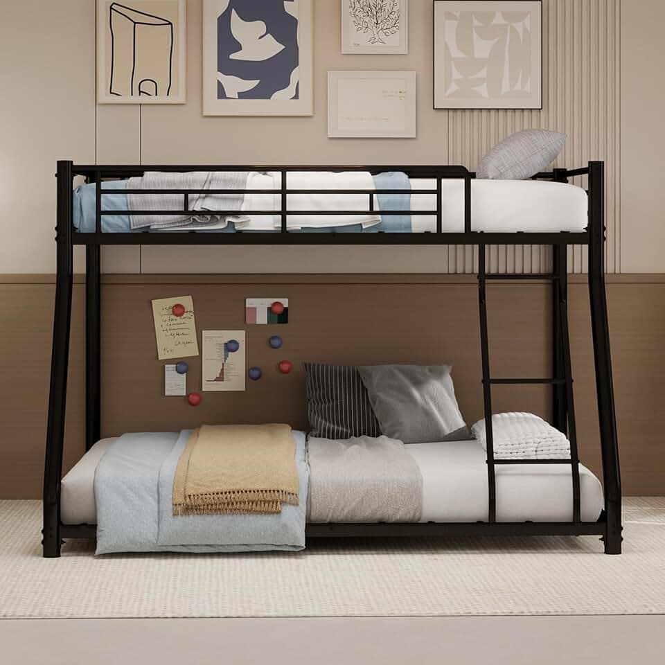 Metall-Etagenbett 140x190 cm, L-förmiges Hochbett mit Doppelbett unten, stabiles Bettgestell für Kinder, Jugendliche und Erwachsene, modernes Design mit Sicherheitsgeländer (Schwarz)