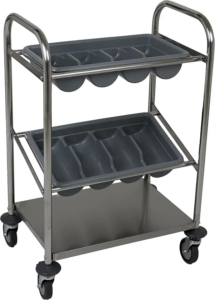 Saro Besteckwagen aus Edelstahl – 2 Besteckbehälter – Ablagefläche unten – Für Teller, Tassen, Gläser – 4 Rollen (2 gebremst) – Modell INES