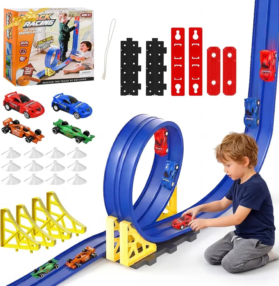 5 Meter Flexible rennbahn Kinder, Rennstrecke Auto Spielzeug, DIY Rennbahn Spielzeug, Autorennbahnen mit Zubehör, Dual Rennstrecke Rampen, Mit 4 Autos, für Kinder ab 3 Jahren
