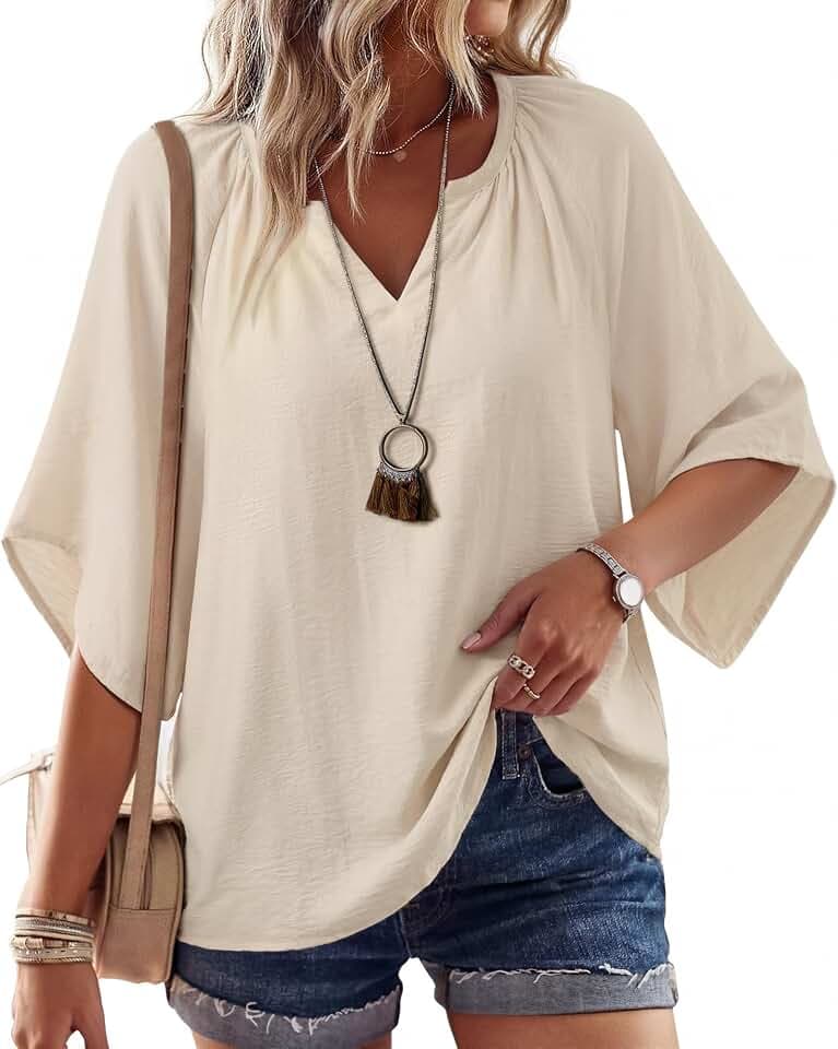 Bebonnie Womens 3/4 Sleeve V Neck Bohemian Peasant Blouses Casual Loose Fit Tunic Tops