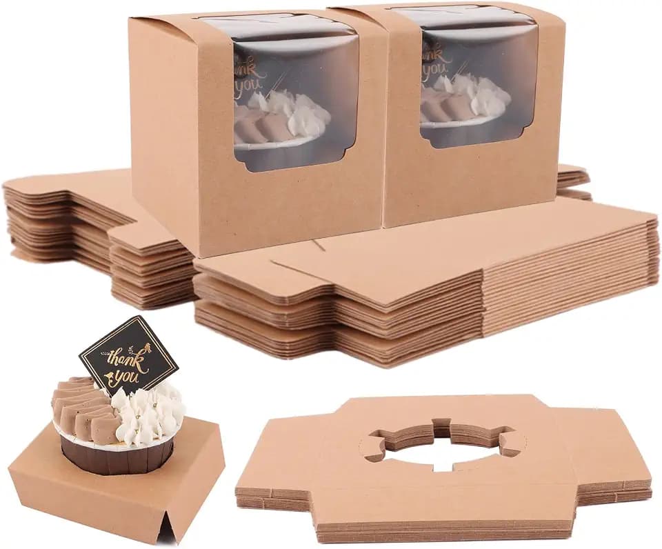 100 Stück Cupcake Box Kraftpapier, 9 x 9 x 9 cm Kuchenkarton, Kuchenbox Pappe mit Sichtfenster und Einsätze, Braun Gebäckkarton für Kuchen, Muffins und Dessert