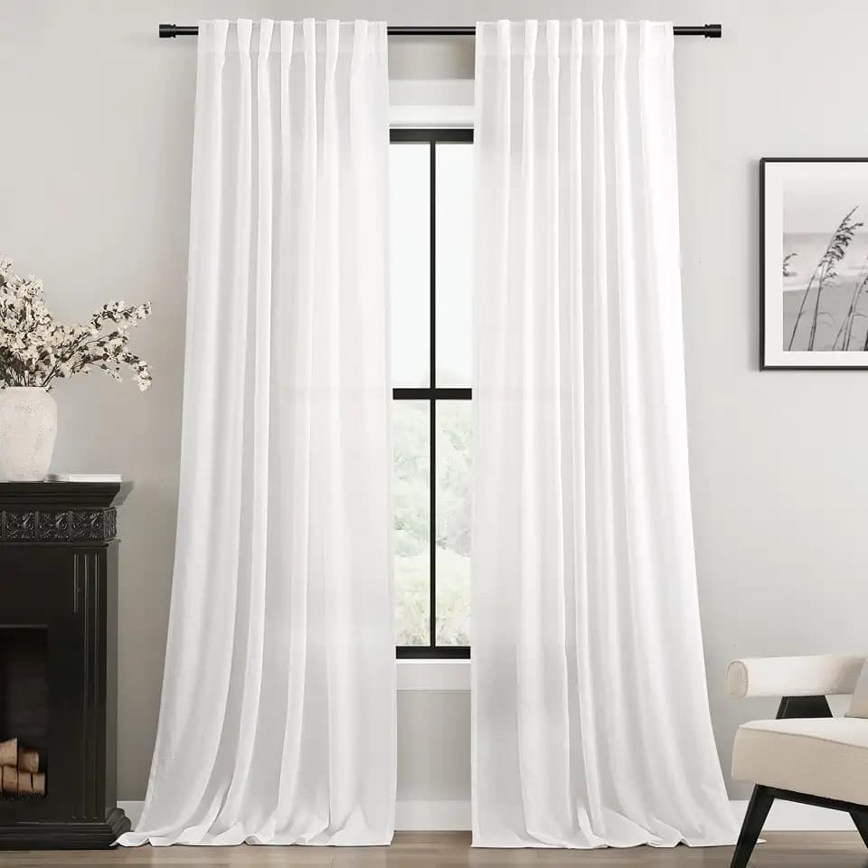 White Curtains 98 inches Long 2 Panels Back Tab Light Filtering Cotton Textured Curtain Modern Farmhouse Coastal Decor Off White Linen Drapes 98 inch Length for Patio Sliding Door Office Bedroom