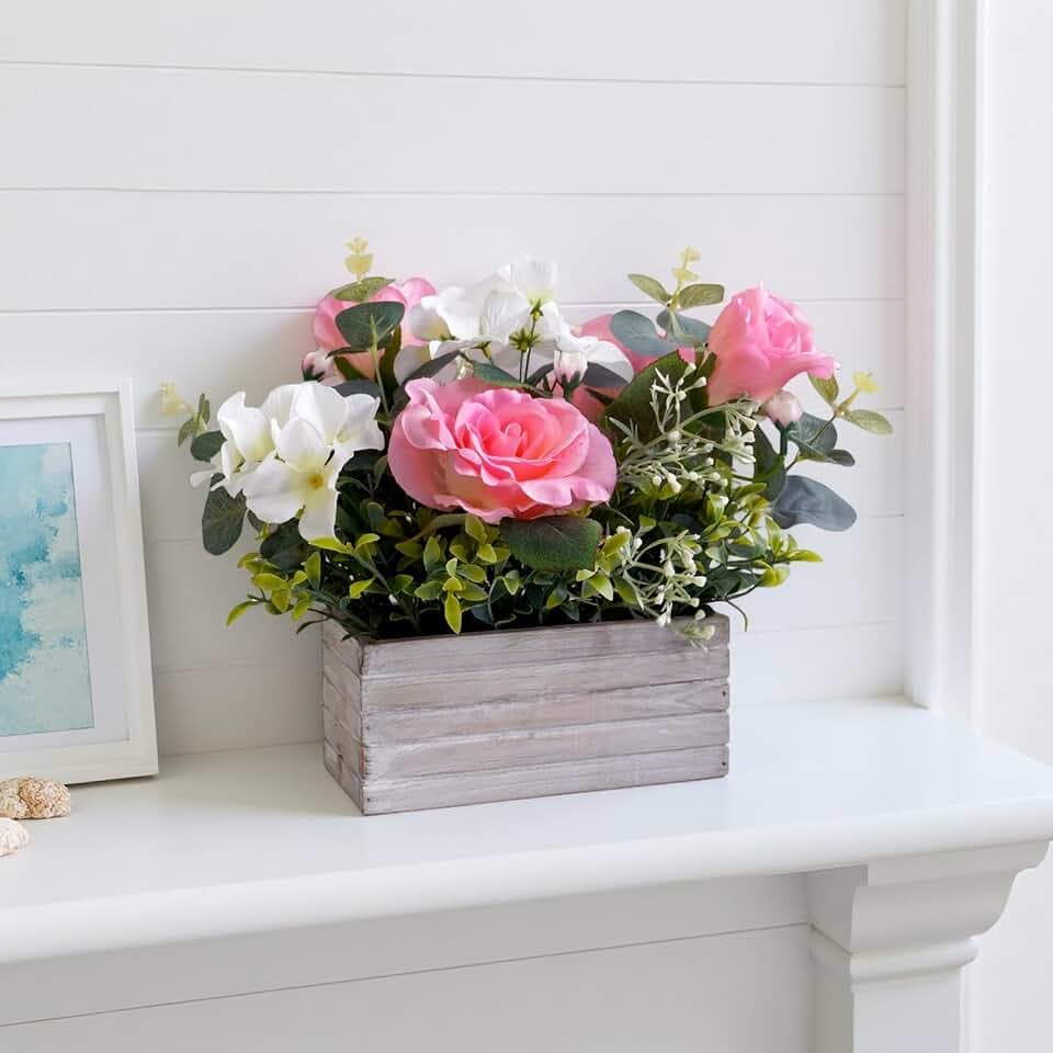 Artificial Flowers Arrangement Pink Roses & Hydrangeas in Wooden Box, Realistic Floral Centerpiece for Home Table Wedding Decoration