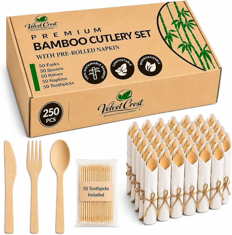 Bamboo Cutlery Set, 50 Sets (250 PCS), Pre-Rolled Napkins | Compostable Cutlery | Biodegradable Disposable Cutlery | Bamboo Flatware | Forks, Spoons, Knives & Toothpicks for Parties & Events