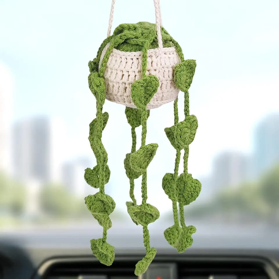 Crochet Hanging Plant for Car, Cute Green Boho Auto Interior Decorations, Soft Knitted Rearview Mirror Hanging Accessories, Aesthetic Charm Ornament for Women