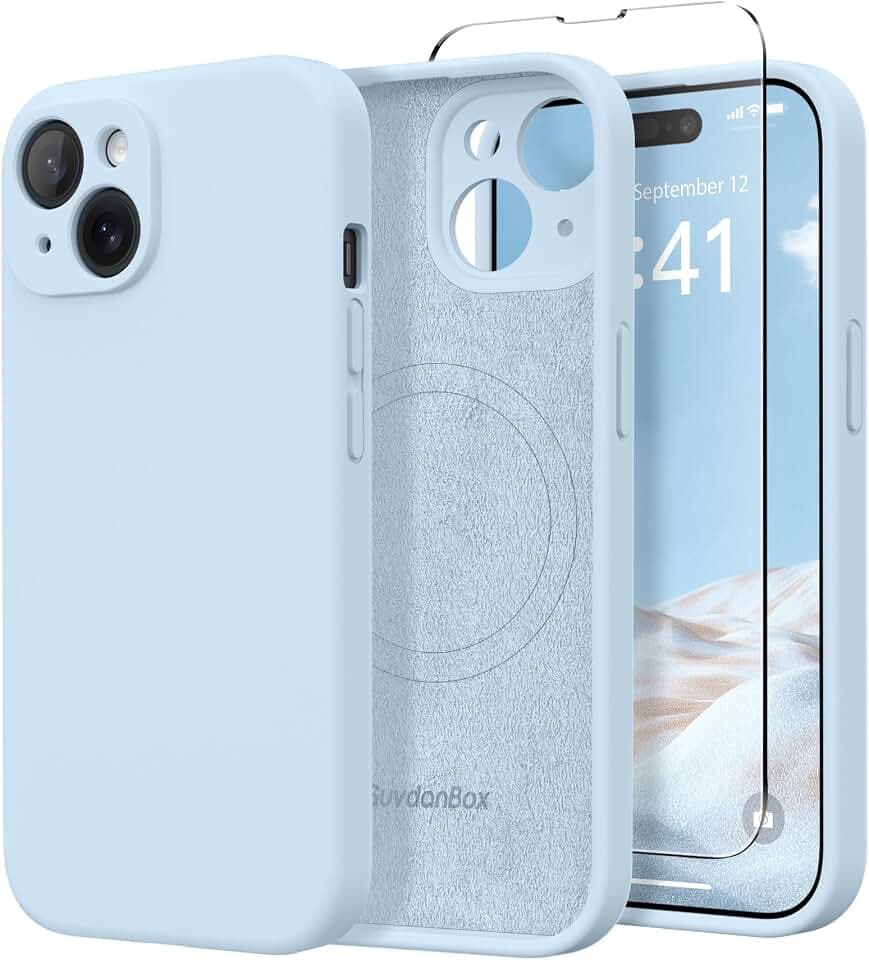 Magnetische Schutzhülle für iPhone 15, kompatibel mit MagSafe, [Displayschutzfolie + vollständiger Kameraschutz], stoßfeste, Kratzfeste Silikon-Schutzhülle für iPhone 15 6,1 Zoll, Hellblau