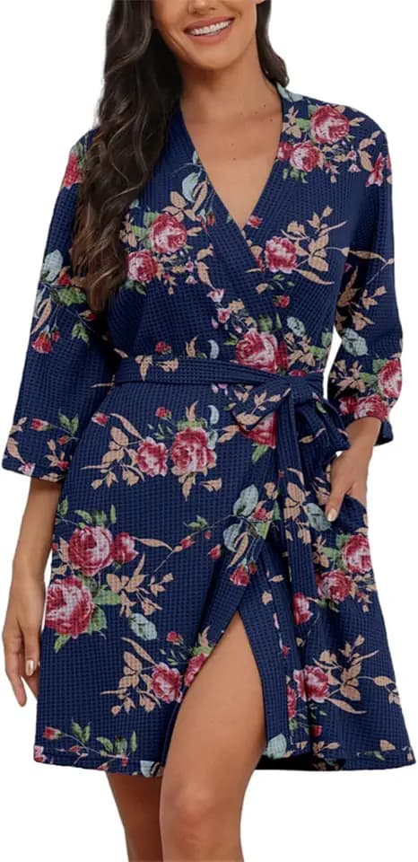 PrinStory Damen Waffel Morgenmantel Mit 3/4-Ärmeln Kurz Bademantel Leicht Lässig Kimono Roben