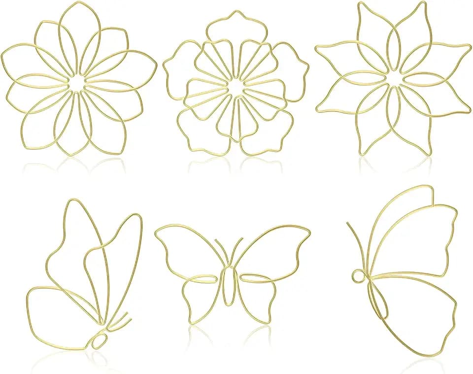 Hotop 6 Pieces Gold Metal Butterfly Flower Wall Decor Wired Wall Art