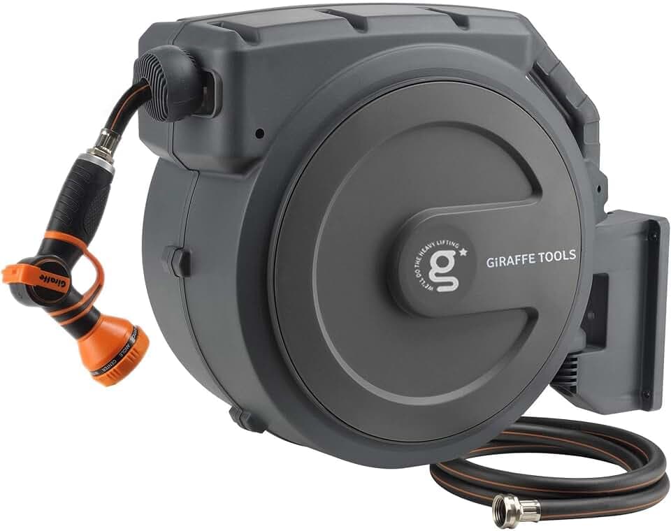 Giraffe Tools Retractable Garden Hose Reel 1/2"130FT Wall Mount Auto Rewind