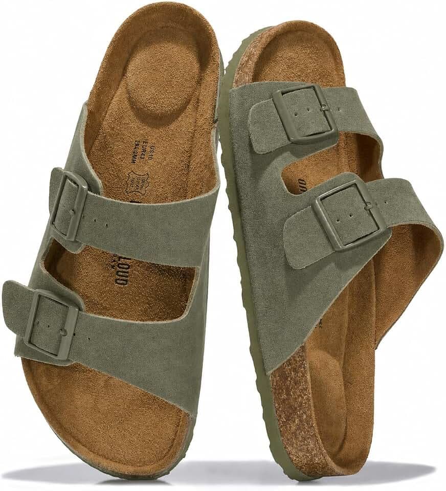Mens Sandals, 100% Genuine Leather Mens Slides Cork Footbed Sandals for Men