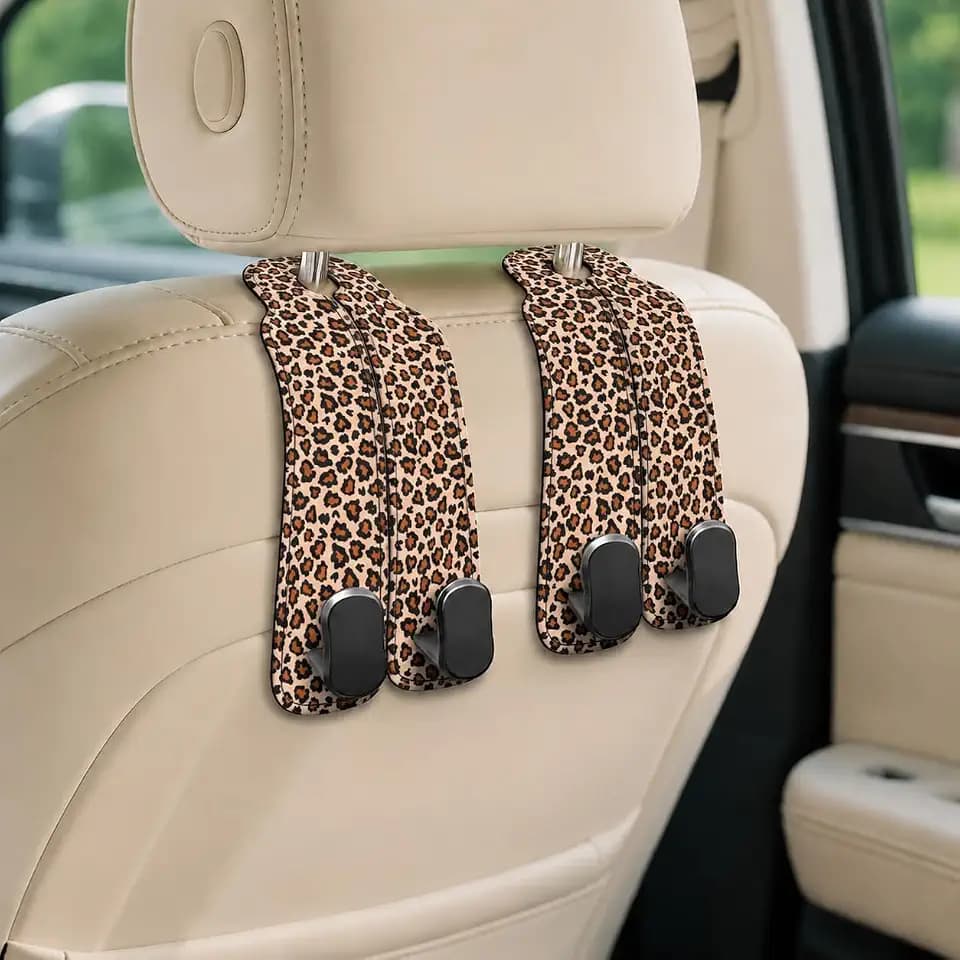 Cute Leopard Car Seat Back Storage Headrest Hooks for Purses & Bags – 2PCS PU Leather Dual Metal Hooks, Backseat Organizer Accessories