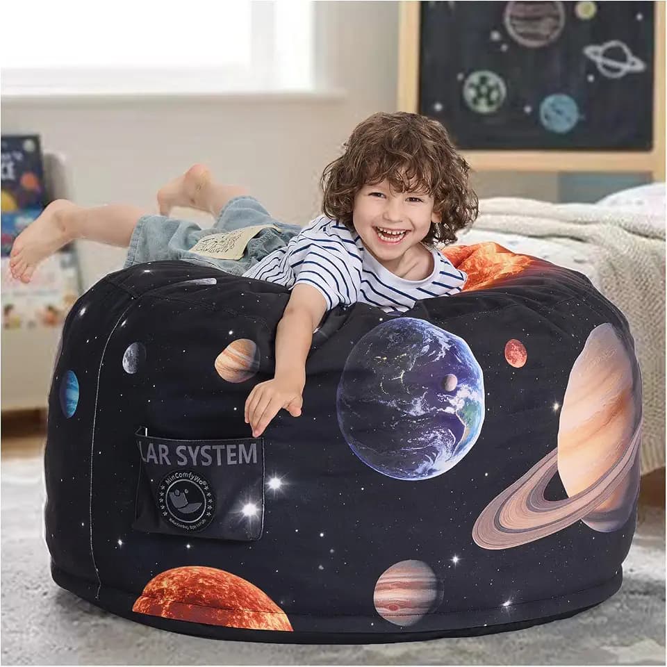 3FT Solar System Print Bean Bag Chair for Kids Teens,Memory Foam Removable Washable Bean Bag Cover,Stuffed Animal Toy Storage, Space Decor for Bedroom Playroom Dorm Bean Bag Sofa
