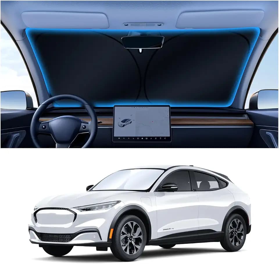 Canvcle Windshield Sun Shade for 2021-2025 2026 Ford Mustang Mach-E Accessories Upgraded Double-Layer Front Window Sunshade Cover Sun Visor Protector Foldable Block UV Rays Keep Vehicle Cool