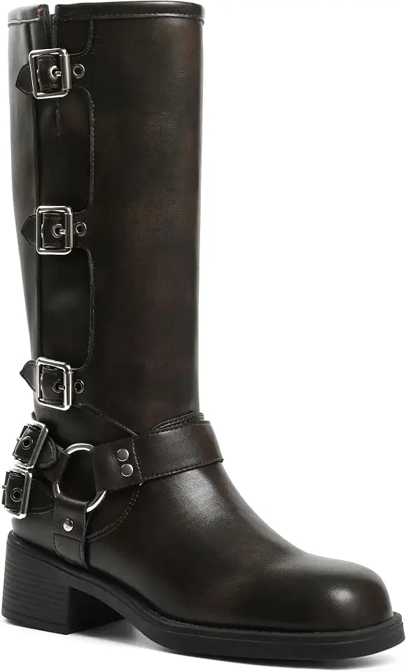 AMINUGAL Knee High Boots Women Moto Biker Buckle Tall Boots