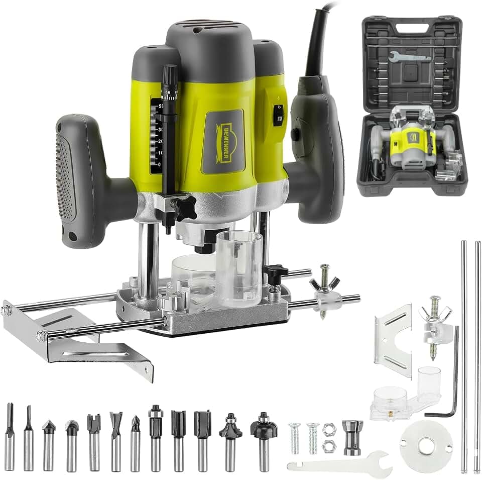 DEWINNER Elektronik Oberfräse Fräser 1200W,Ø 6 und 8 mm,Drehzahlregelung, Parallelanschlag, Absaugadapter, Set 12-teilig